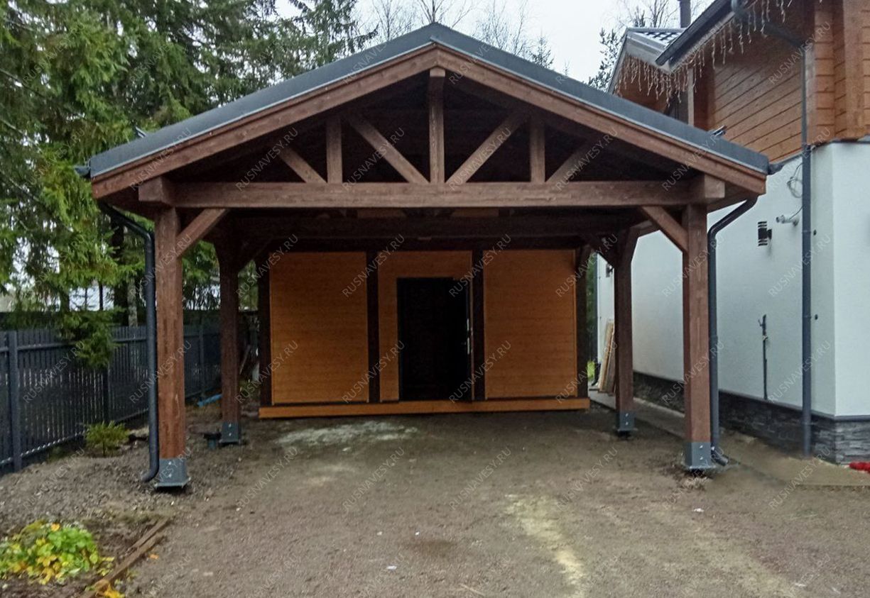 Навес для двух машин с хозблоком ЭДЕМ двускатный фото 1